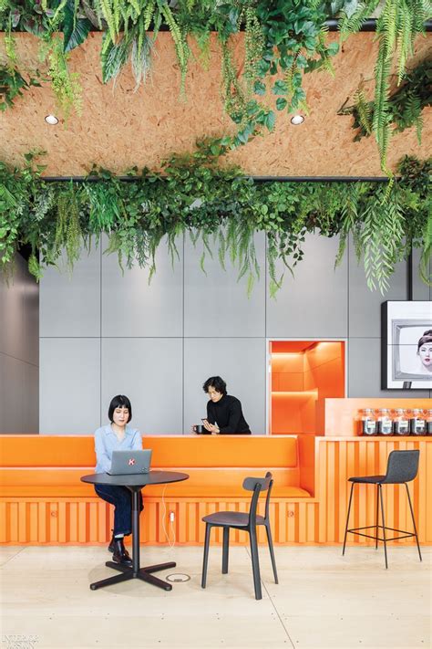 Two People Sitting At Tables With Laptops In Front Of Them And Plants