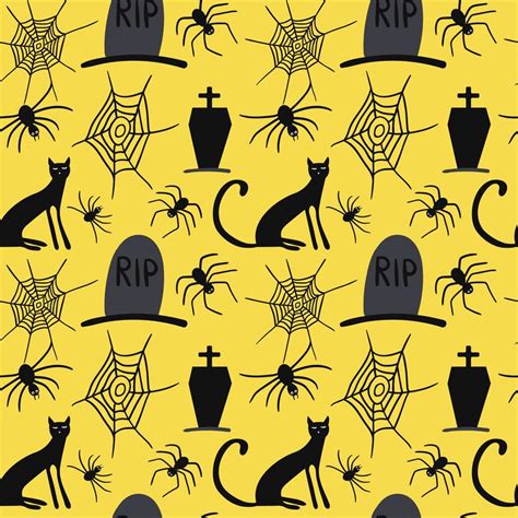 Scary Halloween Seamless Pattern Vector Black Cat Grave Spider Spiderweb Isolated On Yellow