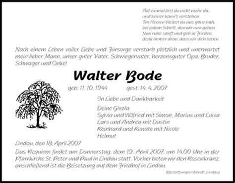 Traueranzeigen Von Walter Bode Trauer Hna De