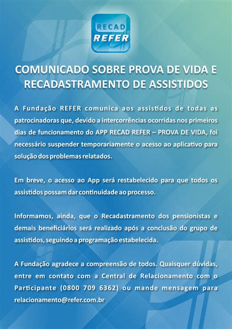 COMUNICADO SOBRE PROVA DE VIDA E RECADASTRAMENTO DE ASSISTIDOS REFER