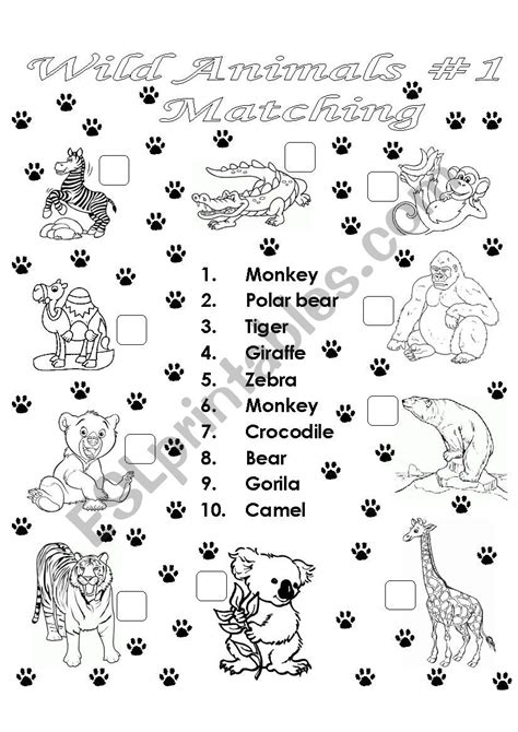 Wild Animals Matching 1 Esl Worksheet By Miguel Pz