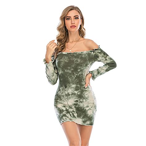 Sexy Green Tie Dye Print Ruffle Off The Shoulder Long Sleeve Package Hip Dress N20638