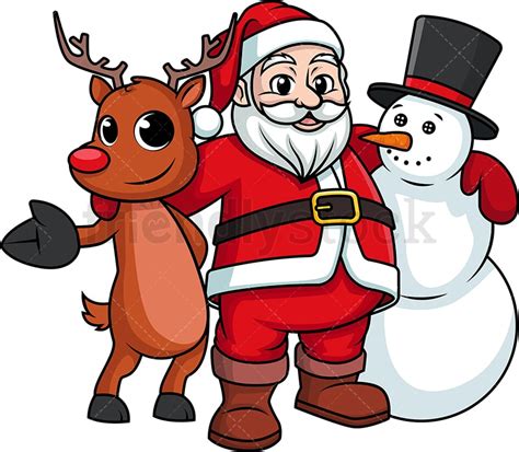 Santa Claus Hugging Snowman And Reindeer Cartoon Clipart Vector