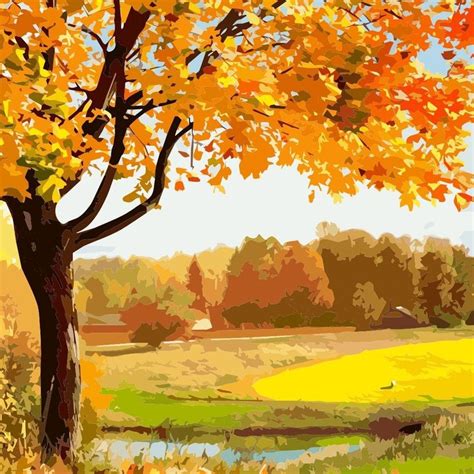 A Painting Of An Autumn Tree With Yellow Leaves