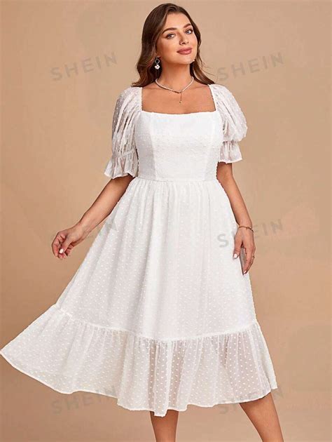 Shein Belle Plus Square Neck Puff Sleeve Ruffle Hem Swiss Dot Wedding