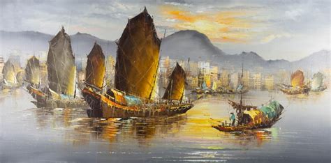 Unknown Contemporary Oil Chinese Junk Boats For Sale At 1stdibs