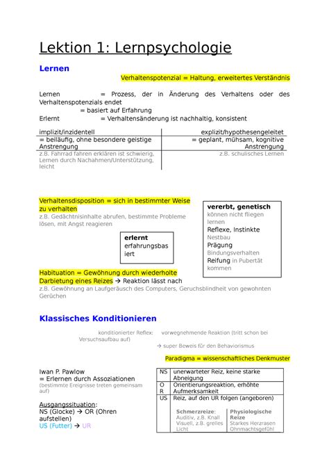 Allgemeine Psychologie 1 Mitschriften Lektion 1 Lernpsychologie