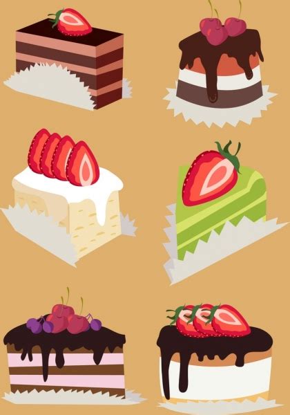 Fruit Cream Cakes Icons Colorful 3d Design Vectors Graphic Art Designs