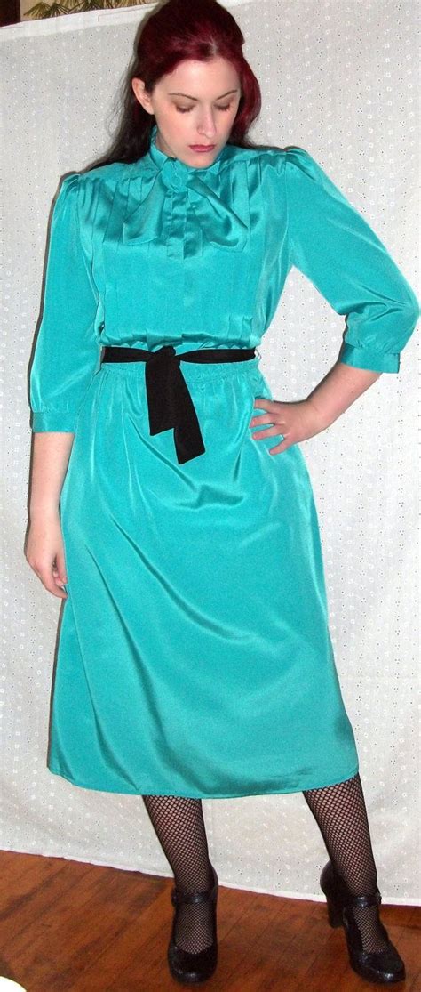 Vintage 80s Aqua Secretary Dress Bow Tie Pleated Front Etsy