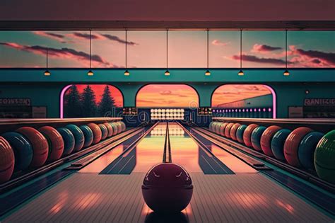 Bowling Alley With Colorful Lanes And Balls On Display During Sunset