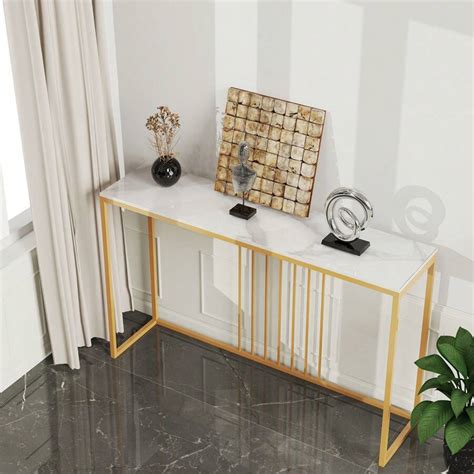 Slim Console Table Hallway Unit White Marble Top Consoles Desk Long