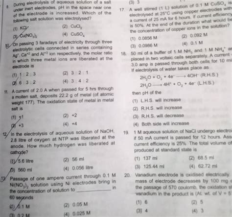 In The Electrolysis Of Aqueous Solution Of NaOHi Then PH Of The 2 8 Lit