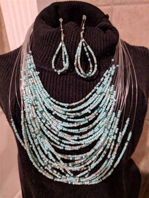 Multi Strànd Turquoise Seed Bead Necklace And Earring Set Etsy