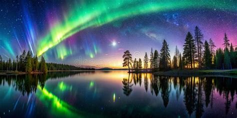 Stunning Northern Lights And Meteor Shower Panorama Aurora Borealis