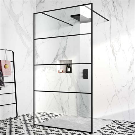 Munich Matt Black Walk Through Wet Room Shower Glass Panel