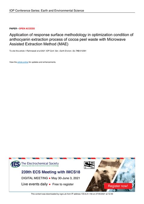 Pdf Application Of Response Surface Methodology In Optimization Condition Of Anthocyanin