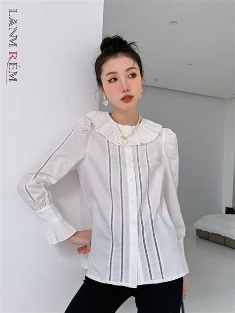 Lanmrem Ruffled Collar Shirt For Women Hollow Out Flare Sleeve Single