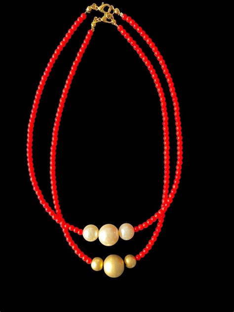 Bright Red Bead Necklace And Big Pearls Big Gold Bead Red Bead Necklace Shining Chic Red