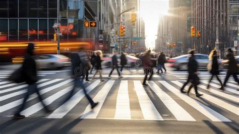 Group Of People Cross Street At Crosswalk Urban City Scene Stock