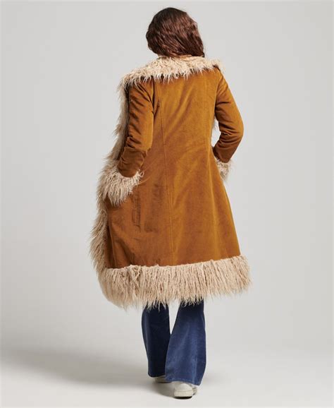 Womens Faux Fur Lined Longline Afghan Coat In Brown Superdry Uk