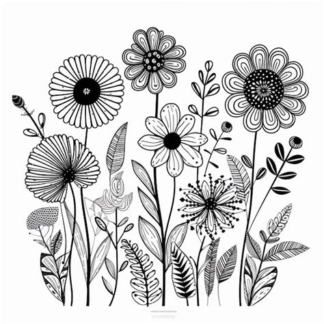 Un Dibujo En Blanco Y Negro De Flores Con Hojas Y Flores Generativas Ai