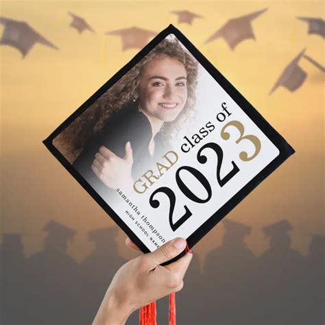 Modern Photo Overlay Black Gold Graduation Graduation Cap Topper