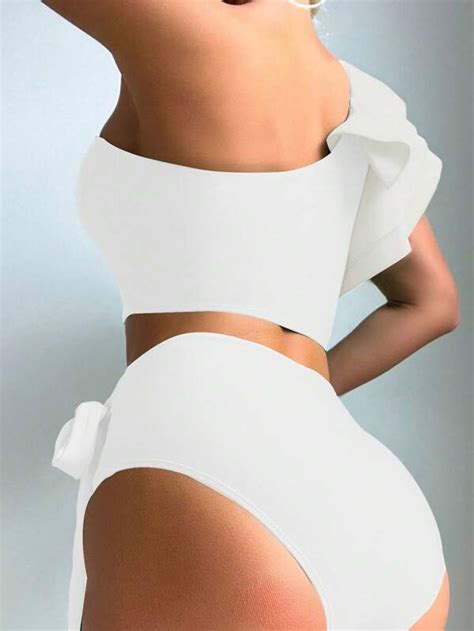 SHEIN Swim Chicsea Ruffle Trim One Shoulder High Waisted Bikini