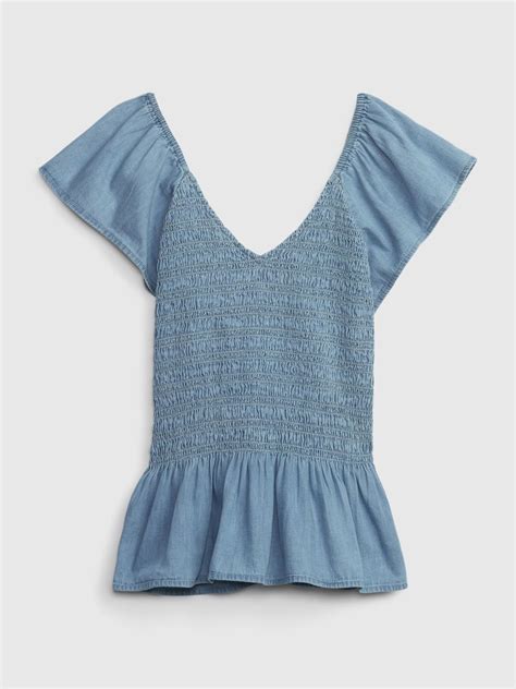 Ruffle Sleeve Denim Peplum Top With Washwell Light Indigo