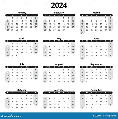 2024 English Calendar Vertical Week Starts Sunday Stock Vector