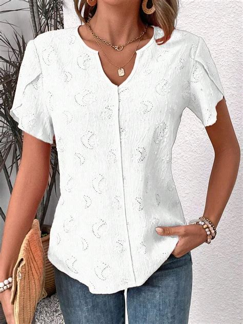 Women S Short Sleeve Blouse Summer Plain Buttoned Notched Neck Petal