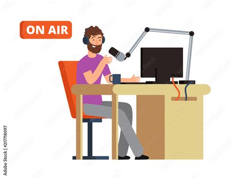 Broadcast in radio studio. Broadcasting person with microphone and ...