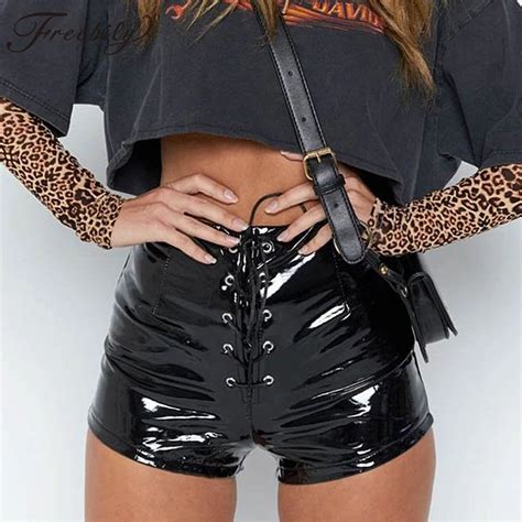 PU Leather Shorts Women Hotpants Lace Up Black High Waist Shorts Female