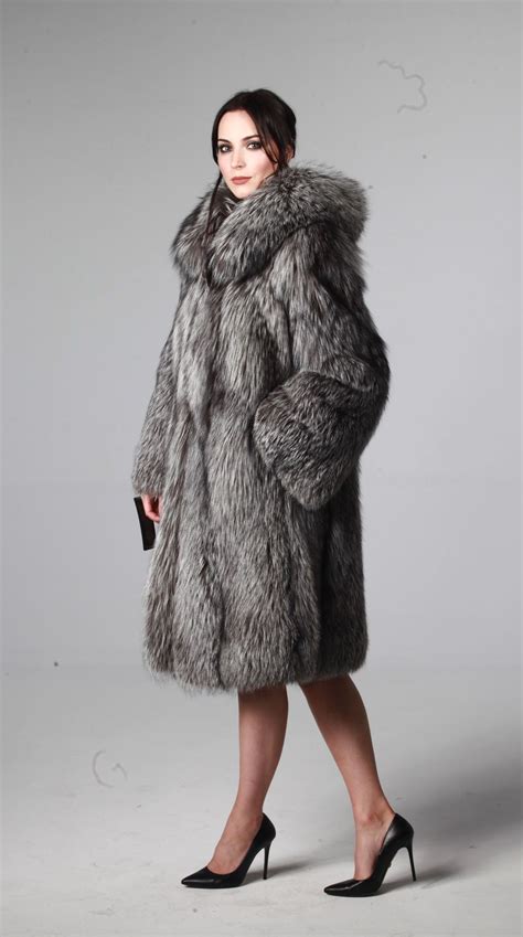 Genuine Silver Fox Fur Coat With Hood Jacket Size L Xl Real Natural