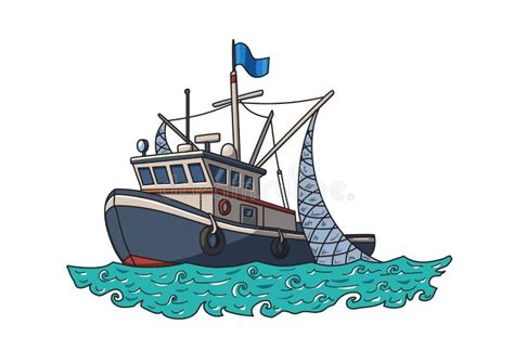 Barco De Pesca En El Mar Ilustración Del Vector Aislada En El Fondo