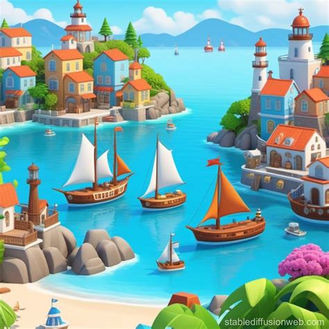 Cartoon Coastal Port City Mobile Game Background | Stable Diffusion Online