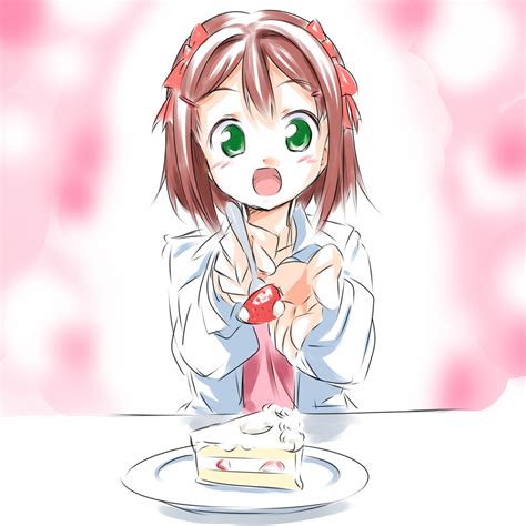 The Big Imageboard Tbib Amami Haruka Brown Hair Cake Feeding Food Fork Fruit Green Eyes