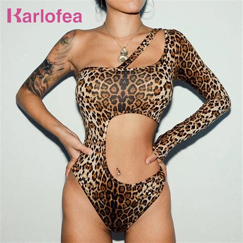 Karlofea Sexy Leopard Pattern Print Bodysuit Fashion One Shoulder Long