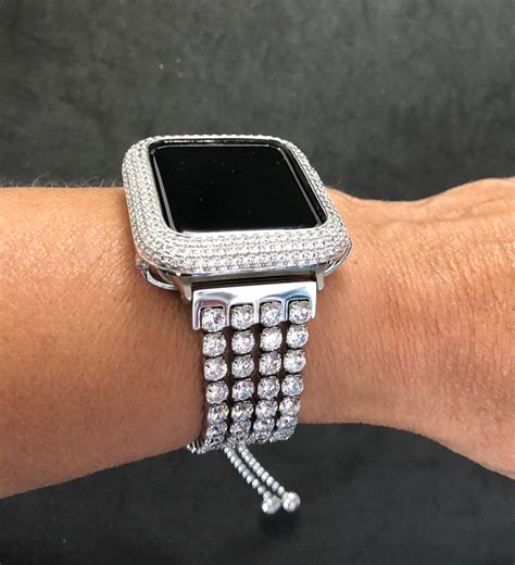 Silver Apple Watch Band 38mm 40mm 42mm 44mm Rhinestone Cz Lab Diamond Bezel Iwatch Bling