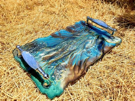 Resin Geode Serving Tray Platter Green Blue Brown Cheese Tray Geode