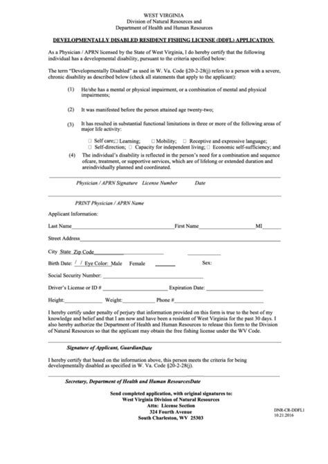 Fillable Developmentally Disabled Resident Fishing License Application