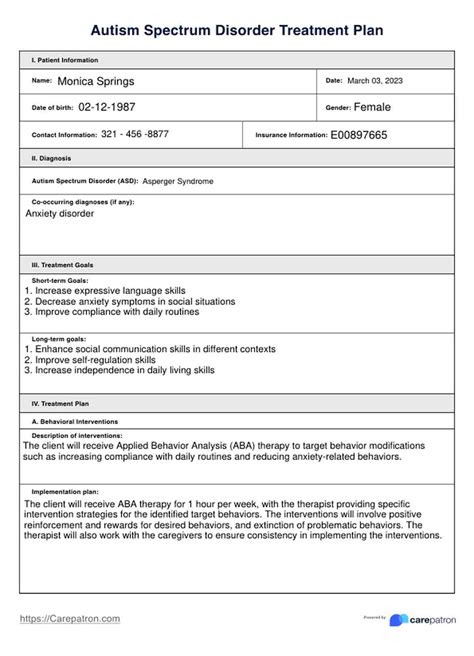 Autism Spectrum Disorder Treatment Plan & Example | Free PDF Download