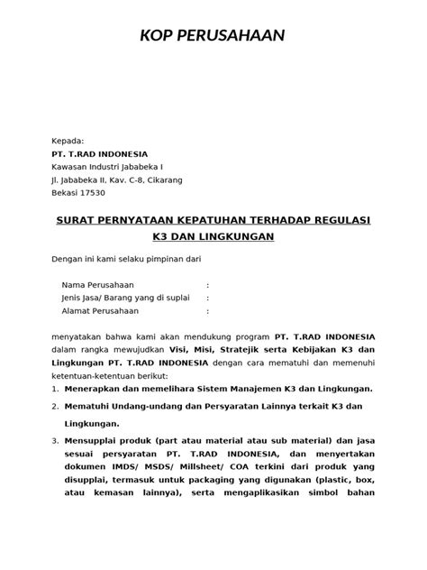 SURAT PERNYATAAN KEPATUHAN TERHADAP REGULASI K3 DAN LINGKUNGAN (INA ...