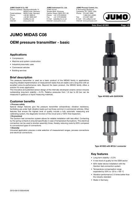 JUMO MIDAS C08 OEM Pressure Transmitter Basic