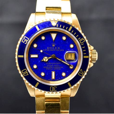 Rolex Submariner 18k Yellow Gold Blue Lapis Dial 16618 Automatic Watch 1990 For Sale At 1stdibs