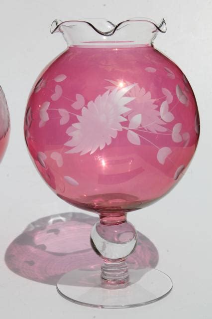 Vintage Ruby Cranberry Red Stain Glass Globe Vases Pair Wheel Cut Etched Glass Ivy Balls