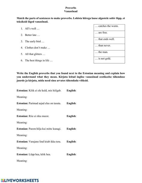 English Proverbs Worksheet Live Worksheets