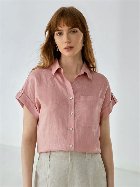 100 Linen Metallic Look Shirt Pink Blouses Outfit Short Sleeve