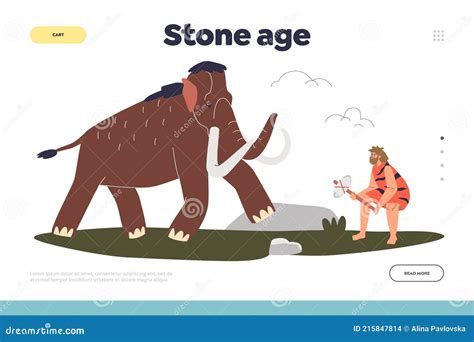 Stone Age Concept of Landing Page with Caveman Hunter Fighting with Mammoth Stock Vector ...