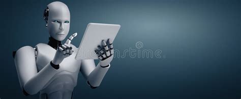 Mlb Robot Humanoid Using Tablet Computer In Future Office Stock