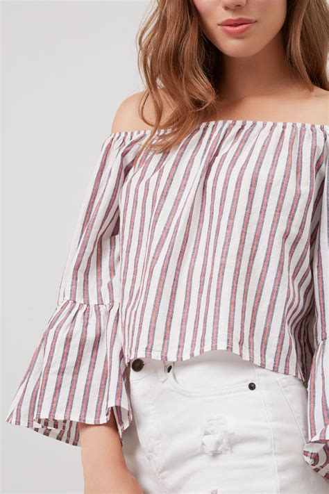 Red Striped Off The Shoulder Top Clothes Striped Top Outfits